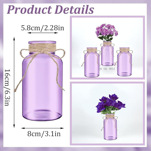 Vintage Glass Flower Vase,12 Pack Farmhouse Purple Glass Centerpiece Vases Mason Jars for Weddings, Parties & Home Decor Bulk (12, Purple)