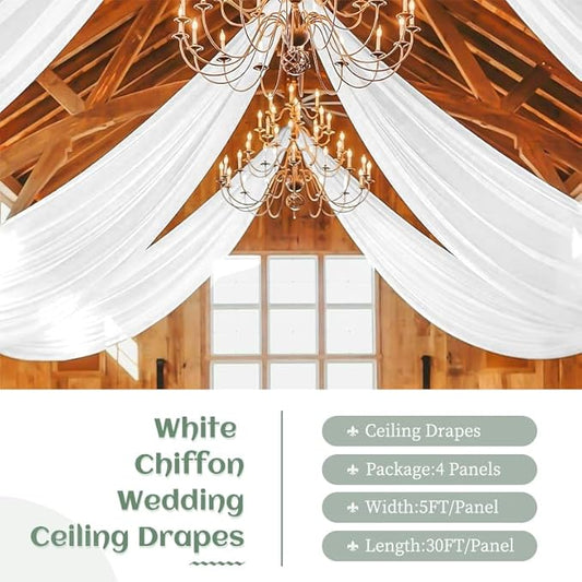 4 Panels White Wedding Ceiling Drapes 5ftx30ft Ceiling Drapes Chiffon Fabric Arch Draping Sheer Curtains Soft Drapery Draping Wedding Ceiling Decorations for Party Ceremony Stage Swag