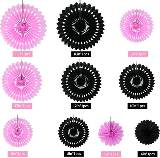 BEISHIDA Pink Black Hanging Honeycomb Round Paper Fans Decoration Bachelorette Theme Tissue Paper Fan Garland for Bridal Shower Women Girls Birthday Wedding Party Supplies(10packs)