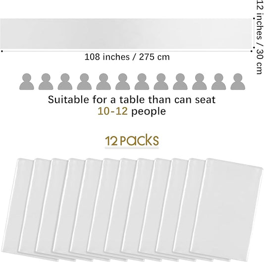 Aneco 12 Pack Satin Table Runner 12 x 108 Inch White Long Wedding Satin Silk Table Runner for Wedding Banquet Graduations Birthday Party Decoration