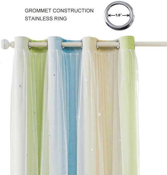 FANLI Ombre Rainbow Blackout Curtains for Kid Girls Bedroom Living Room Darking Stripe Double Layer Star Cut Out Wall Home Decor Gradient Grommet Window Curtains (Blue Green 52Wx72L)