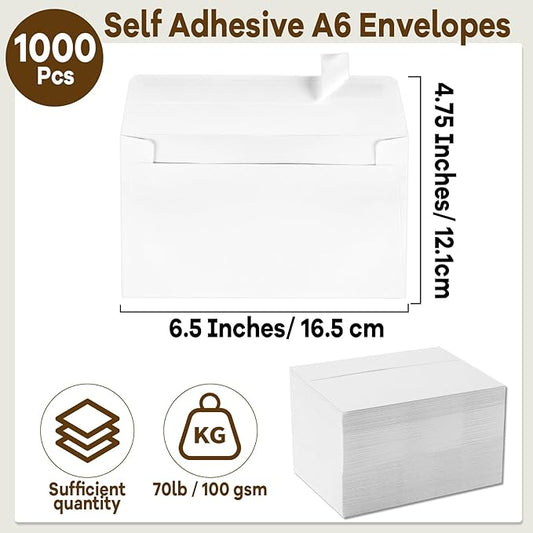 gisgfim 1000 Pcs A6 Envelopes 4.75x6.5 Inches Self Adhesive Invitation Envelopes for 4x6 Cards Printable Mailing Mailers Bulk for Wedding Baby Shower Postcard Photo Thank Notes Greeting Card