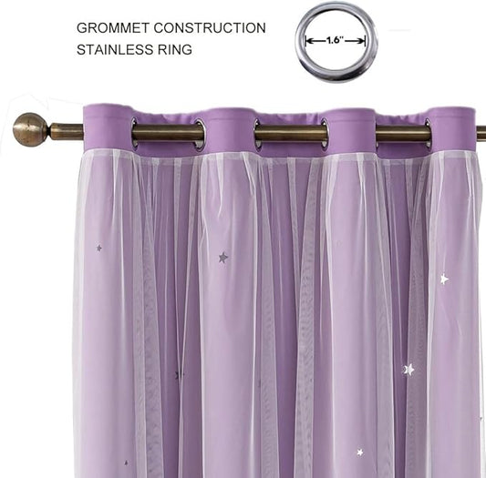 Ombre Rainbow Blackout Curtains for Kid Girls Bedroom Living Room Darking Stripe Double Layer Star Cut Out Wall Home Decor Gradient Grommet Window Curtains (Purple 72L)