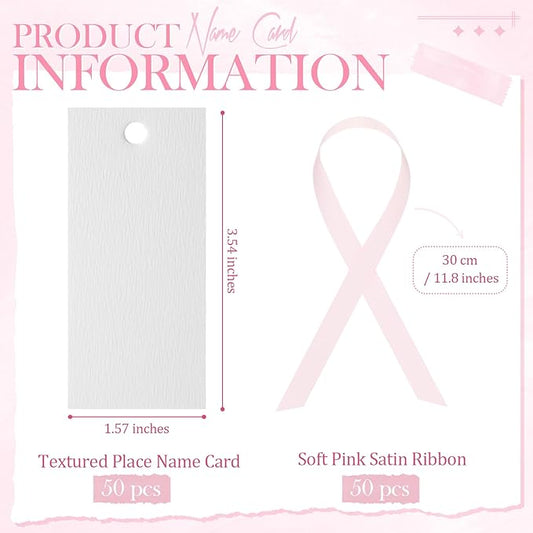 50 Pcs Name Place Cards for Table Setting Blank Wedding Place Cards with Satin Ribbon 1.57 x 3.54 Inch Hanging Gift Tags for Wedding Dinner Banquet Party Table Setting Supplies(Pink)