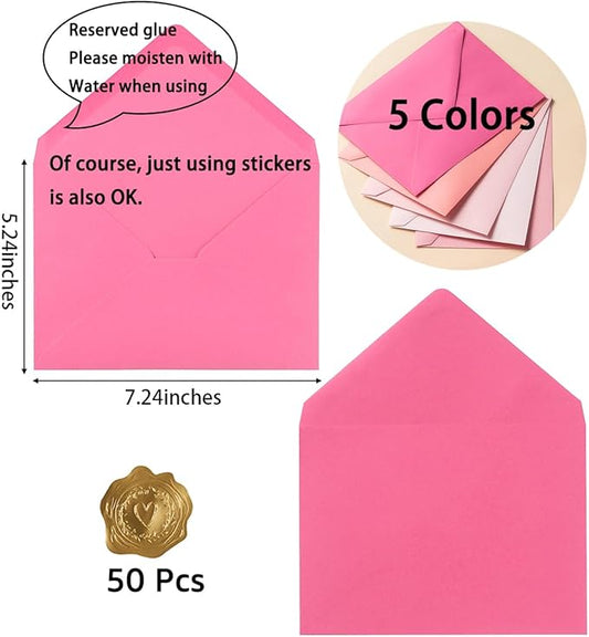 50 Pack Colored A7 Invitation Envelopes 5x7 with Gold Stickers for Cards and Invitations, 5 Colors (Pink, 5 1/4 x 7 1/4 inches)