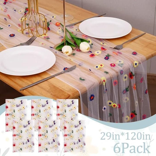 6PCS Lvory Floral Table Runner 10 FT, Embroidery Daisy Table Runners Seasonal Sheer Tulle Table Runner for Thanksgiving Wedding Birthday Baby Shower Party 
