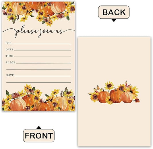 REWIDPARTY Thanksgiving Party Invitation Cards with Envelopes(Set of 15) Food Feast Invites for Family Friends Fall Invitations with Pumpkin and Florals Birthday Bridal Party Fill-in Invitation cards