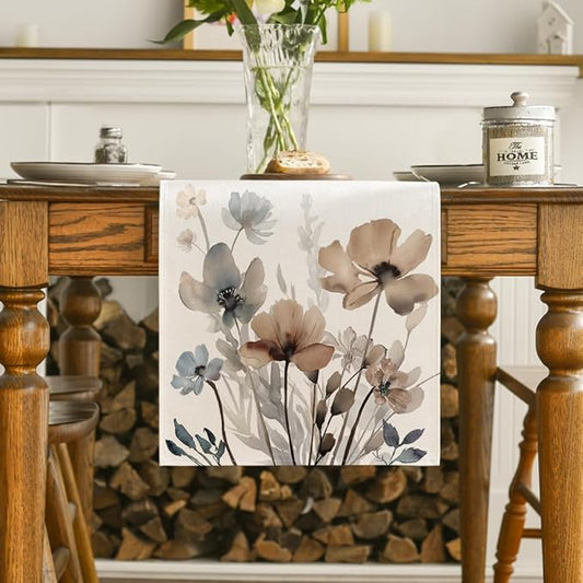 Artoid Mode Brown Poppy Floral Leaves Spring Table Runner, Seasonal Summer Kitchen Dining Table Decoration for Home Party Decor 13x48 Inch