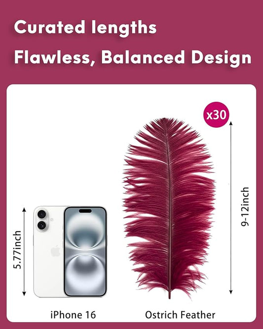 NEWONG 30pcs Wine red Ostrich Feathers Natural Bulk 9-12in(23-30cm) Vase Craft Wedding Home Party Centerpieces Christmas Day Decoration