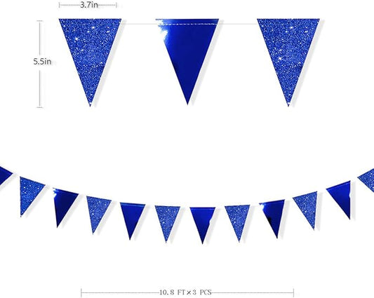 30 Ft Royal Blue Party Decorations Navy Blue Metallic Glitter Paper Triangle Banner Flag Garland Pennant Bunting for Graduation Birthday Wedding Bridal Shower Ahoy Achor Nautical Theme Party Supplies