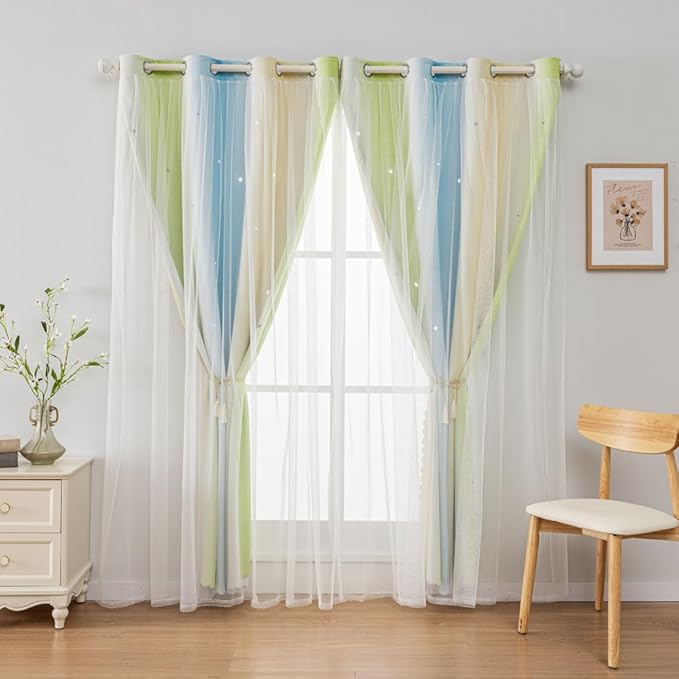FANLI Ombre Rainbow Blackout Curtains for Kid Girls Bedroom Living Room Darking Stripe Double Layer Star Cut Out Wall Home Decor Gradient Grommet Window Curtains (Blue Green 52Wx84L)