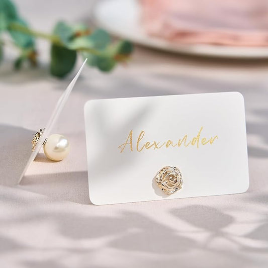 UNIQOOO 24Pcs Decorative Rose Floral Place Card Holders Bulk, Luxury Gold Metal Name Card Stands Set, for Wedding Table Setting, Business Card, Name Tag, Party Food Labels