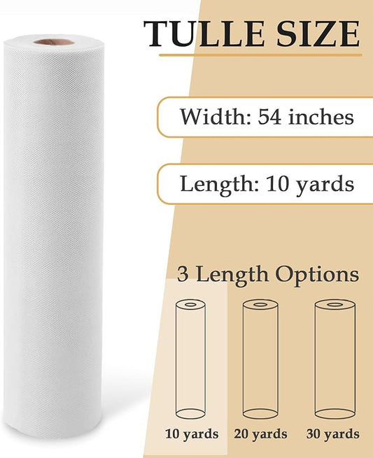 Tulle Fabric Roll, 54" x 10 Yards (30FT) Tulle for Wedding Christmas Decorations Pew Bow Tutu Party Backdrop Baby Shower Table Skirts Gift Wrapping Garden Netting (White)