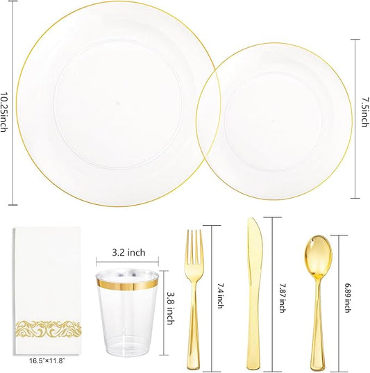 Supernal 350PCS Clear and Gold Plastic Dinnerware Set Include Clear Disposable Plates, Gold Plastic Silverware Heavy Duty, Cups and Napkins for Birthday, Weddings, Parties