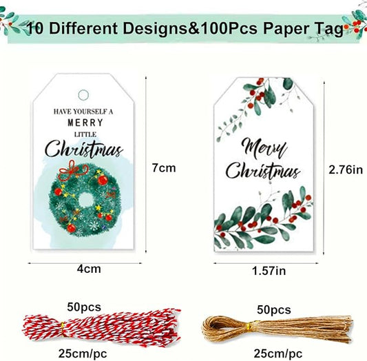100 Pack Beautiful Christmas Gift Tags, Xmas Beautiful Gift Tags with Jute Twine Baker Twine for DIY Xmas Holiday Present Wrap Stamp and Label Package Name Card