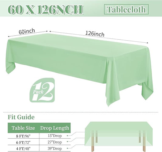 12 Pack 60 x 126 Inch Rectangle Tablecloth Sage Green Polyester Tablecloth for 8 Ft Rectangle Tables, Washable Fabric Table Cloth for Wedding Dining Table Buffet Parties Camping