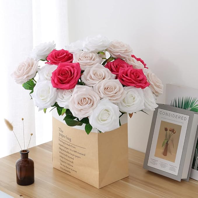Artificial Rose 10pcs Open Flower Bouquet Faux Rose Stems for Wedding Arrangement, Bridal Bouquet, Centerpiece, Fake Faux Silk Flowers (Hot Pink)