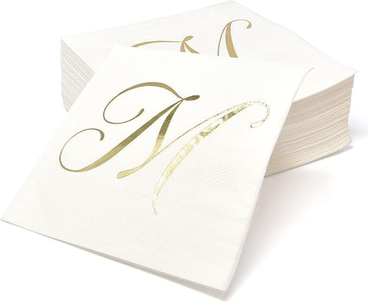 Gift Boutique 100 Gold Monogram Cocktail Napkins Letter M Disposable Paper Pack Elegant Metallic Golden Foil Hand Napkin for Powder Room Wedding Holiday Birthday Party Baby Shower Decorative Towels