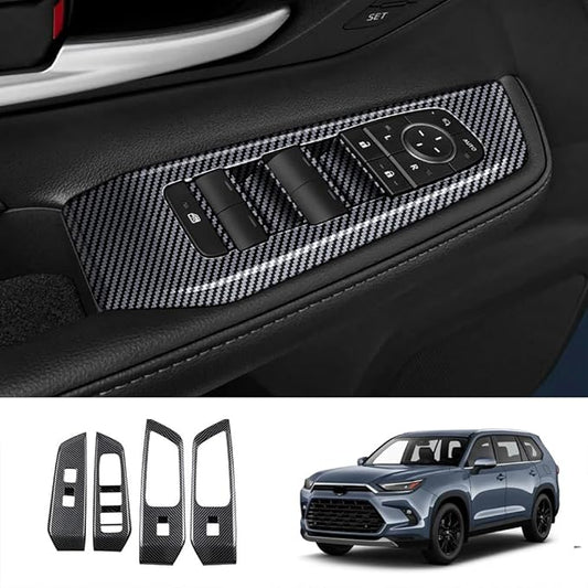 4pcs Carbon Fiber Style Front Rear Doors Window Glass Lift Switch Panel Cover Decorative Sticker Protection Car Interior Accessories for 2024-2025 Toyota Grand Highlander KT18