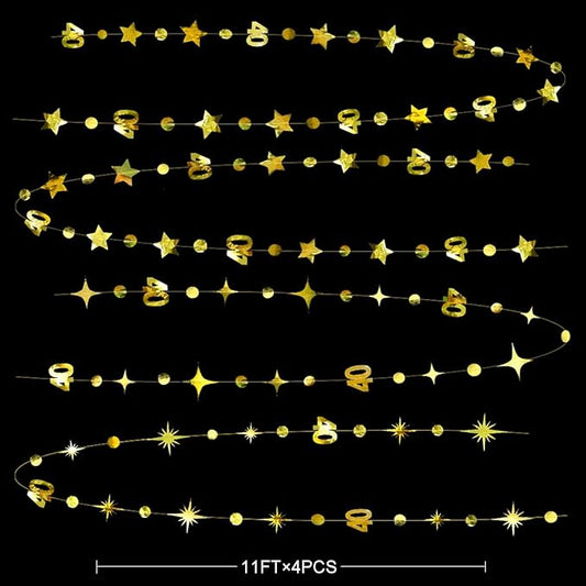 Gold 40th Birthday Decorations Number 40 Circle Dot Twinkle Star Garland Metallic Hanging Streamer Bunting Banner Backdrop for Women Mens 40 Year Old Birthday Forty Anniversary Party Supplies
