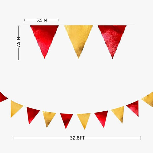 Red Gold Party Decorations Metallic Fabric Triangle Pennant Banner Flag Bunting Garland for Graduation Birthday Wedding Bachelorette Anniversary Baby Shower Christmas Holiday New Year Party Supplies
