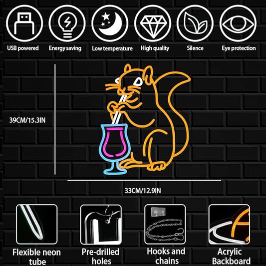 Squirrel Cocktail Neon Sign for Wall Decor, Orange Squirrel Neon Light, USB Powered Animal Cocktail Bar Led Light Up Sign for Bar, Bedroom, Man Cave, Business, Game Room