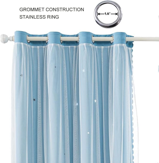 FANLI 2 Panels Star Blackout Curtains for Kid Girls Bedroom Living Room Darking Stripe Double Layer Star Cut Out Wall Home Decor Gradient Grommet Window Curtains (Blue 84L)