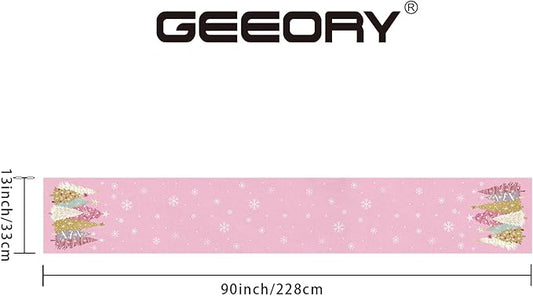 GEEORY Christmas Table Runner 13x90 Inch, Xmas Trees Snowflakes Holiday Decorative Farmhouse Table Decoration for Kitchen Dinning, Indoor Outdoor Dinner Party Decor (Pink) GT153-90