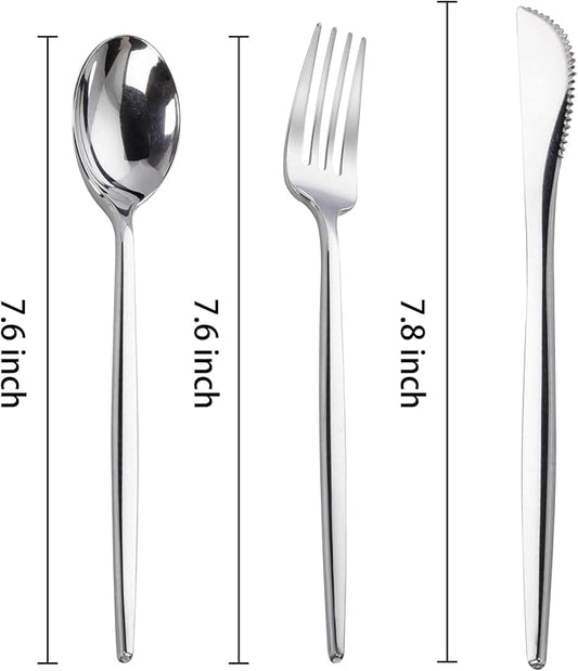 PULOTE 300PCS Silver Plastic Silverware Disposable - Heavy Duty Silver Plastic Cutlery - Disposable Utensils Set Include 100 Knives, 100 Forks and 100 Spoons for Party & Wedding