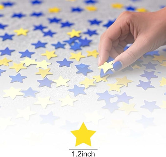 Blue Yellow and Gold Glitter Star Confetti for Party and Tables Decoration,Eid Ramadan Festival Theme Retirement Baby Shower Birthday Wedding Graduation Party,1.2inch in Diameter,200pc