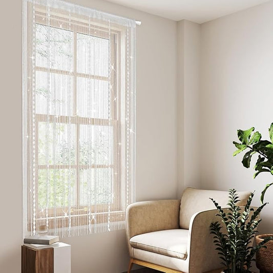 Hysenm Door String Curtains 39x79 Inch White Panel Soft Balls Romantic Glitter Fringe Room Divider Home Décor Wedding Girls Bedroom Window Living Room Backdrop Party Doorways Closet