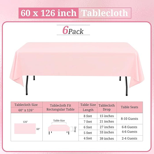 6 Pack Pink Tablecloths for 8ft Rectangle Tables 60 x 126 Inch - Polyester Table Cover Stain and Wrinkle Resistant Washable Fabric Table Clothes for Wedding Party Banquet Reception Restaurant