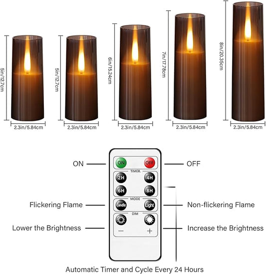 Flameless LED Candles, Upgraded Realistic Flickering Flame Battery Operated Candles with Remote Timer, Acrylic Electric Set of 5 for Romantic Ambiance and Home Decoration(Grey)