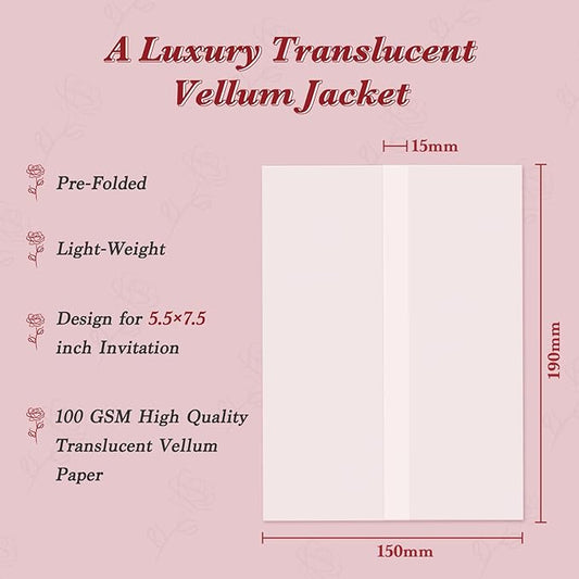 60 Pack Pre-Folded Vellum Jackets for 5.5x7.5 Invitations, Translucent Vellum Paper 5.5x7.5 Jackets, 100GSM Wedding Invitations Wraps, Envelope Liners for Birthdays, Baby Showers