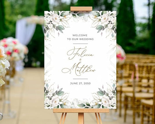Boho Greenery Wedding Welcome Sign, White Roses To Our Wedding Signs