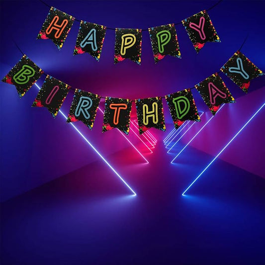 Glow Party Happy Birthday Banner Decoration(Already Assembled), 80s Birthday Banner Let's Glow Party Decorations, Glow in the Dark Party Supplies, Neon Party Birthday Decorations