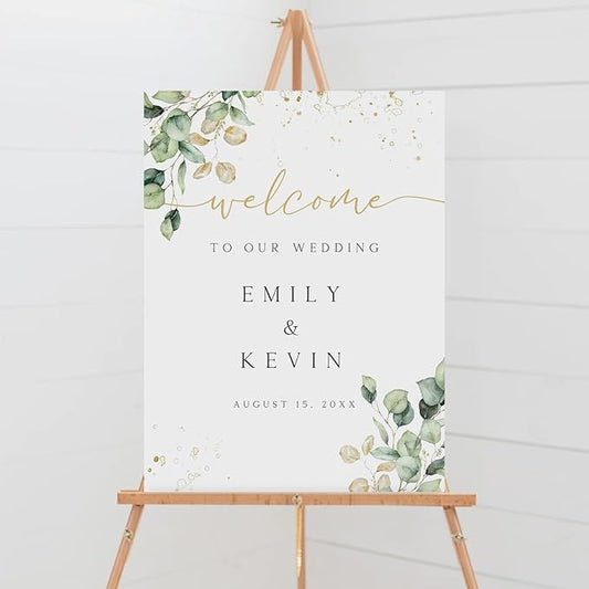 Welcome Wedding Sign Personalized, Greenery Eucalyptus Wedding Sign Decorations Signage 12" X 18" (Small), 27" (Medium), 36" (Large), Plastic, Modern, Pole Mount, Weather