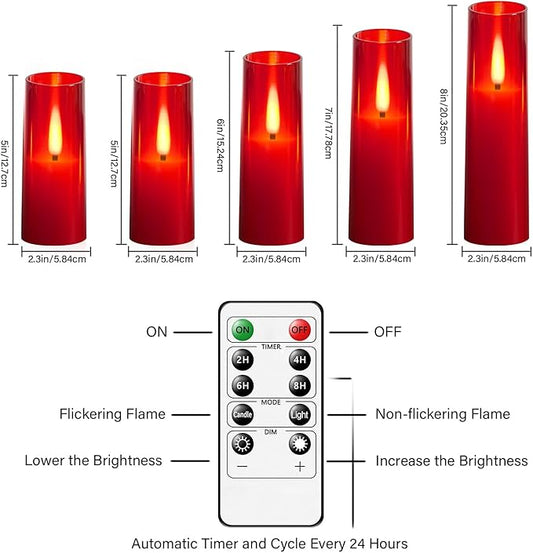Flameless LED Candles, Upgraded Realistic Flickering Flame Battery Operated Candles with Remote Timer, Acrylic Electric Set of 5 for Romantic Ambiance and Home Decoration(Red)
