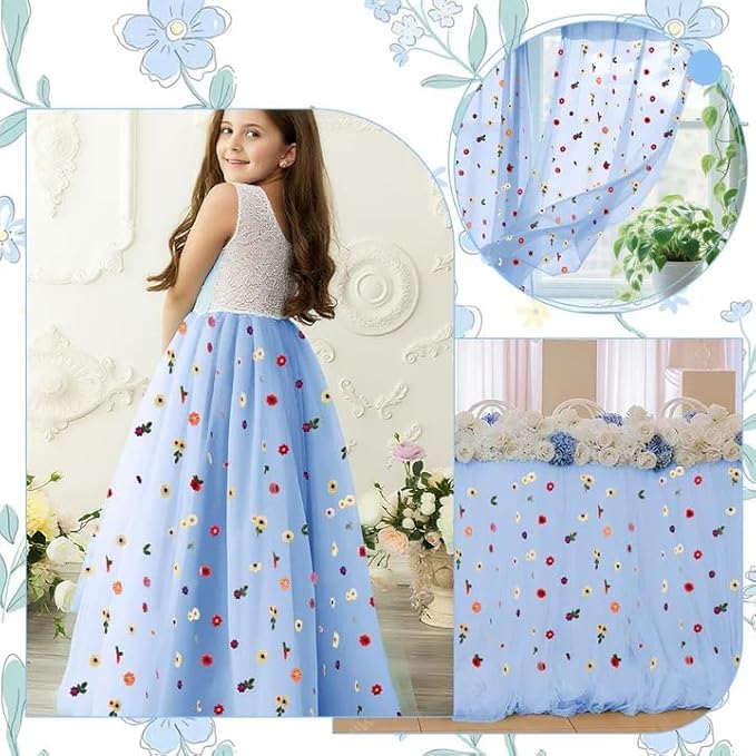 3PCS Blue Floral Table Runner 10 FT, Embroidery Daisy Table Runners Seasonal Sheer Tulle Table Runner for Thanksgiving Wedding Birthday Baby Shower Party 