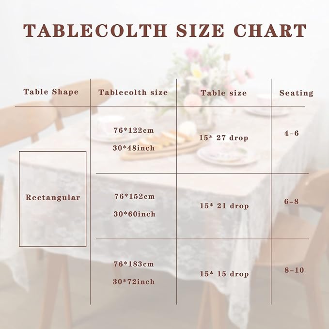 LuoluoHouse Pack of 6 Lace Tablecloth Ivory Table Fabric 60x120 Inch for Rustic Boho Wedding Bridal Shower Party Decorations Rectangle Overlay Long Vintage Embroidered Reception Table Cloth Decor
