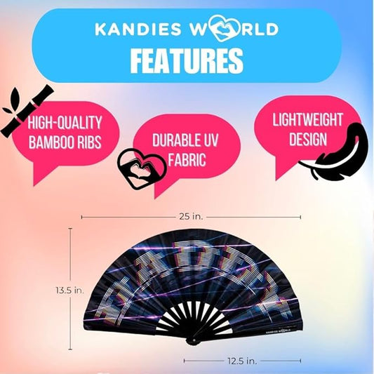 Kandies World Custom Festival Folding Hand Fan - Unique Designs, Made of Bamboo, Clacking Sound, Lightweight - Perfect Rave and Festival Accessory!