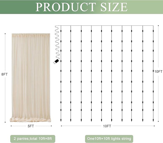 Tulle Backdrop Curtain with Lights String 10FT X 8FT Champagne Sheer Tulle Backdrop Curtains for Wedding Birthday Party Reception Photo Booth Background Decorations (2 Panels 5x8FT)