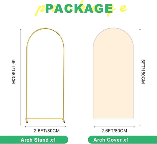 Metal Arch Backdrop Stand and Cover Set, 6FT Beige Reusable Spandex Fitted Backdrop Cover and Gold Wedding Arch Frame for Baby Shower, Birthday, Parties Decoration.