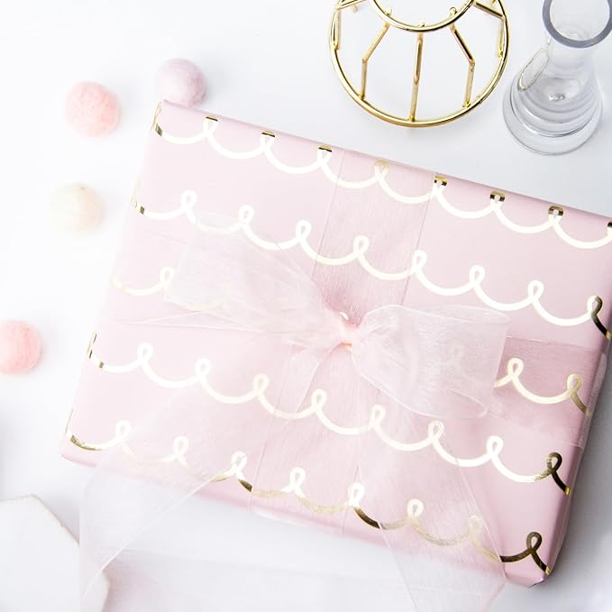 WRAPAHOLIC Pink Wrapping Paper Roll - Mini Roll - 17 Inch x 33 Feet - Metallic Foil Chic Classic Pink and Gold Wedding Wrapping Paper for Birthday, Wedding, Baby Shower, Valentine's Day