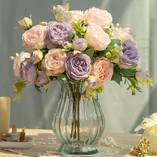 Artificial Peonies Silk Flowers in Glass Vase Faux Flowers Bouquets Modern Penoy Arrangement 4 Pack for Home Decoration Table Centerpiece (Pink Purple)