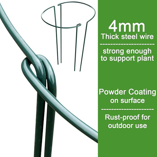 HiGift 16 Pack Plant Support Stakes, Half Round Metal Garden Plant Stake Indoor Peony Cages and Supports, Green Plant Support Ring Border for Tomato,Hydrangea,Flower Outdoor (10" Wide x 15.8" High)