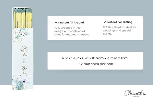 10 Boxes - Customized Matchboxes Colorful Tips (Wedding Design #5, 4" Matchboxes) (4" Matchsticks, Wedding Design #5)