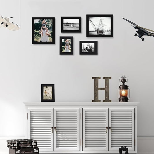 5x7 Picture Frame Set of 4, High Definition Glass Black Picture Frame, 5 x 7 Wood Rustic Photo Frames for Horizontal or Vertical Table Top and Wall Mounting