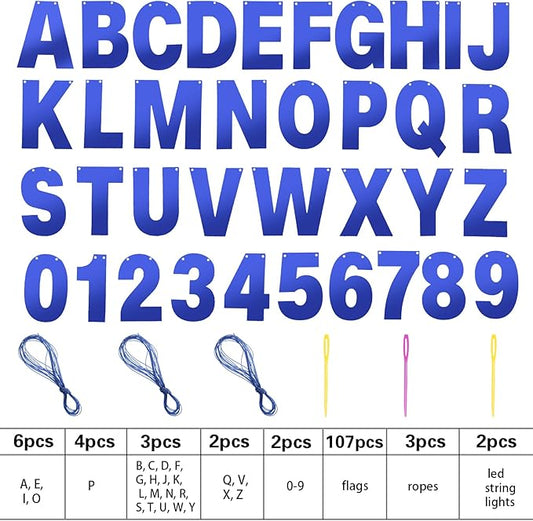 TaoBary 112 Pcs DIY Letter Kit Glitter Customizable Banner Letters Include 107 Letters and Numbers 3 Rope and 2 Needles for Birthday Halloween Christmas Wedding Valentine Party Decor(Bright Blue)