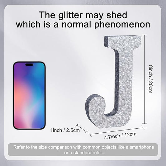 TONIFUL 8 Inch Silver Glitter Letter J Table Centerpiece A-Z Silver Birthday Party Decorations,Silver Alphabet J for Birthday,Chrismas,Graduation,Bridal Shower,Wedding,Anniversary Party Supplies